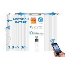Set complet sina draperii inteligente smart extensibila 1.8-3m Silent Track cu acumulator, sina motorizata, draperii electrice, motor inteligent smart WiFi, draperie electrica, control din app mobila Tuya, control telecomanda, RAEX18-3B