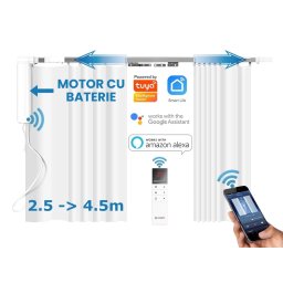 Set complet sina draperii inteligente smart extensibila 2.5-4.5m Silent Track cu acumulator, sina motorizata, draperii electrice, motor inteligent smart WiFi, draperie electrica, control din app mobila Tuya, control telecomanda, RAEX25-45B