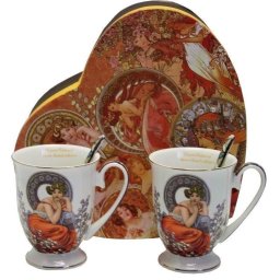 Set cadou 2 Cani cu picturi Alphonse Mucha 280 ml Lingurite in cutie Inima