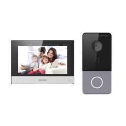 Kit videointercom IP Hikvision DS-KIS603-P(C) Flash 32 MB,memorie RAM 256MB,Indoor station: Supports live view of up to 16 IP cameras,7-inch touch screen, user friendly interface, Plug ＆ Play,Receives video call and unlocks on mobile App anywhere, any