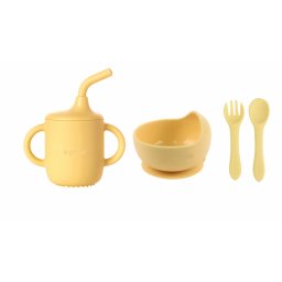 Set 4 piese diversificare din silicon: Cana cu pai, bol , lingurita si furculita, galben, U-Grow