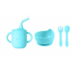 Set 4 piese diversificare din silicon: Cana cu pai, bol , lingurita si furculita, blue, U-Grow