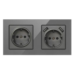 Priza Dubla De Perete Cu 2 Porturi USB Si Panou Din Sticla Techstar® TS-G, 110-250V, 16A, Ignifuga, 80x151mm, Gri