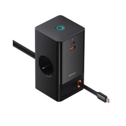 INCARCATOR RETEA Baseus GaN3 Pro Powerstrip, Quick Charge 65W, 2 x AC, 1 x USB Type-C Output 5V/3A, 1 x USB, lungime cablu 1.5m, negru
