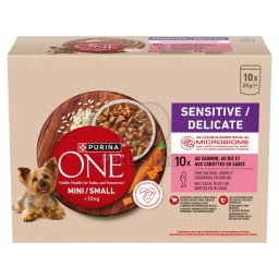 Purina One Mini Sensitive, cu Somon, Orez și Morcovi în sos, hrană umedă pentru câini 10 x 85 g