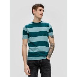 Tricou barbati cu decolteu la baza gatului si imprimeu in dungi, Verde inchis (SELECTATI MARIMEA: M)