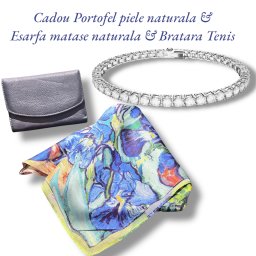 Cadou Lady Blue Portofel Piele Naturala, Esarfa Matase Naturala si Bratara Tennis