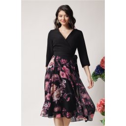 Rochie DY Fashion office din stofa si voal neagra cu imprimeu pe fusta