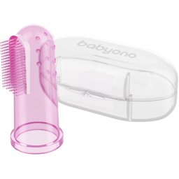 BabyOno Take Care First Toothbrush periuta de dinti pentru deget pentru copii cu sac Pink 1 buc