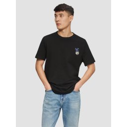 Tricou barbati la baza gatului, imprimeu cu desene animate si croiala Regular Fit, Negru (SELECTATI MARIMEA: S)