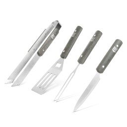 Set de 4 Ustensile pentru Gratar, Cleste, Furculita, Cutit si Spatula din Otel Inoxidabil cu Maner din Lemn