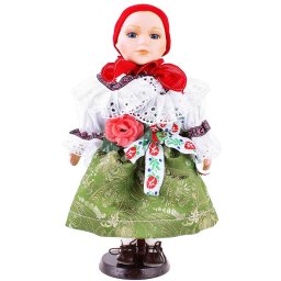 Păpușă de porțelan în port popular cu batic roșu, 31cm