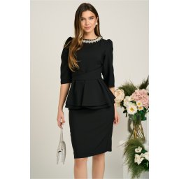 Compleu LaDonna elegant din stofa negru cu peplum si strasuri la decolteu