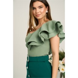 Top DY Fashion elegant din barbi verde olive cu volan maxi pe umar