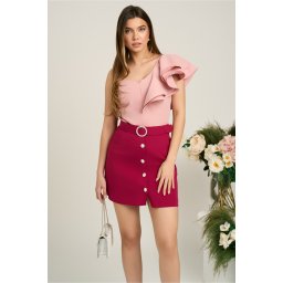 Fusta DY Fashion scurta din stofa magenta cu nasturi si curea in talie
