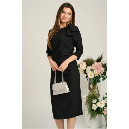 Rochie LaDonna eleganta din stofa neagra cu funda maxi pe umar si fronseu in talie