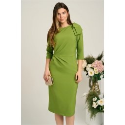 Rochie LaDonna eleganta din stofa verde cu funda maxi pe umar si fronseu in talie