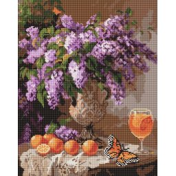 Set goblen cu diamante, cu sasiu, Liliac si portocale, 40x50 cm