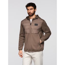 Ombre Men's lightweight jacket of combined materials with hood and decorative quilting - light brown