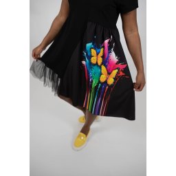 ROCHIE MIDI ASIMETRICA CU MANECA SCURTA SI TUL BUTTERFLY VALLO TALIE UNICA Multicolora