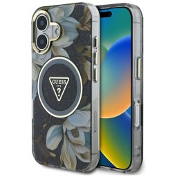 Husa Husa pentru iPhone 16 - Guess IML Metal Glitter Flowers Triangle MagSafe (GUHMP16SHFLPEDK) - Black