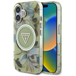 Husa Husa pentru iPhone 16 - Guess IML Metal Glitter Flowers Triangle MagSafe (GUHMP16SHFLPEDN) - Green