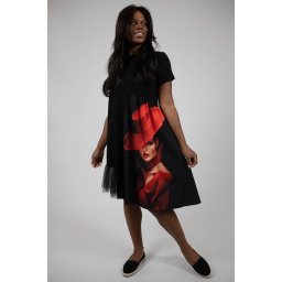 ROCHIE MIDI ASIMETRICA CU MANECA SCURTA SI TUL LADY IN RED ENIGMA SCARLET TALIE UNICA Multicolora