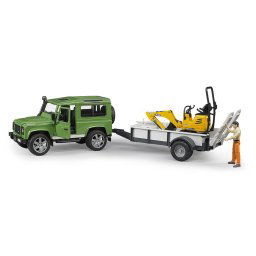 Bruder - masina de teren land rover defender cu remorca si micro excavator jcb cu muncitor