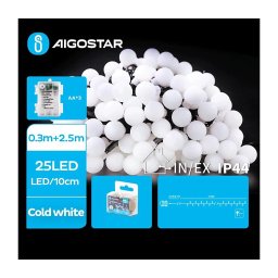 Aigostar - Ghirlandă LED de exterior 25xLED/3xAA/8 funcții 2,8 m IP44 alb rece