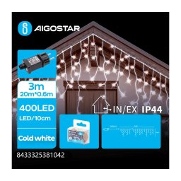 Aigostar - Instalație luminoasă LED pentru exterior, 400 LED/8 funcții, 23x0,6 m, IP44, alb rece