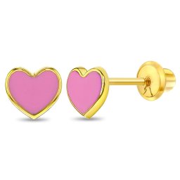 Cercei din Aur 14K pentru Copii, model Inima cu Email Roz, inchidere cu Filet si Protectie