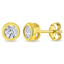 Cercei din Aur 14K pentru Copii si Adolescenti, model Sparkling Bezel cu Piatra CZ, inchidere cu Fluturas