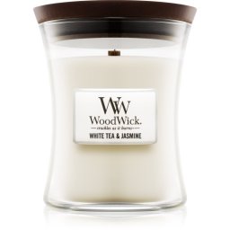 Woodwick White Tea & Jasmine lumânare parfumată cu fitil din lemn 275 g