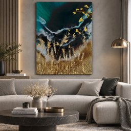 Tablou Canvas Modern Abstract - Golden field and ginseng leaves