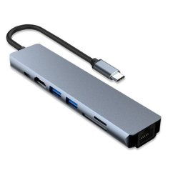 Cablu adaptor USB TYPE C - HDMI 4K/2K + 2x USB3.0 + USB TYPE C 100W + RJ45 LAN RETEA + CardRW SD + MicroSD