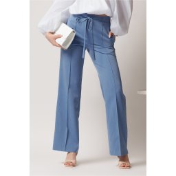 Pantaloni DY Fashion office din stofa bleu cu snur in talie