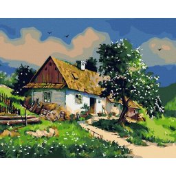 Set pictura pe numere, cu sasiu, Casuta de la tara, 40x50 cm