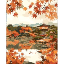 Set pictura pe numere, cu sasiu, Templu japonez pe malul lacului, toamna, 40x50 cm