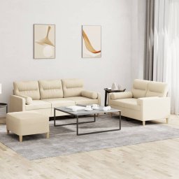 Set de canapele cu perne, 3 piese, crem, textil GartenMobel Dekor