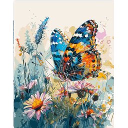Set pictura pe numere, cu sasiu, Fluture si flori de camp, 40x50 cm