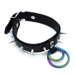 Kiotos Leather Spiked Collar Double Rainbow O-Ring Black