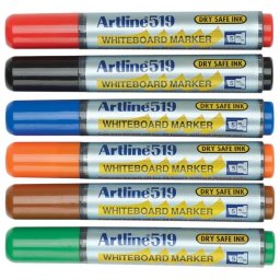 Marker pentru tabla de scris ARTLINE 519 - Dry safe ink, varf tesit 2.0-5.0mm, 6 culori/set