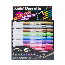 Marker ARTLINE Decorite, varf flexibil (tip pensula), 10 culori metalizate/set + 1 folie magnetica n