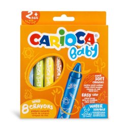 Creioane cerate, rotunde, solubile in apa, 8 culori/cutie, CARIOCA Baby Wild Crayons 2+