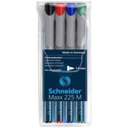 Universal non-permanent marker SCHNEIDER Maxx 225 M, varf 1mm, 4 culori/set - (N, R, A, V)