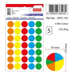 Accesorii birotica Etichete autoadezive color mix, D19 mm, 175 buc/set, TANEX - culori asortate
