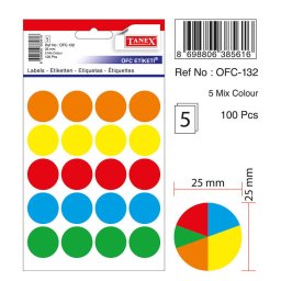 Accesorii birotica Etichete autoadezive color mix, D25 mm, 100 buc/set, TANEX - culori asortate