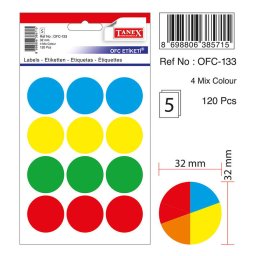 Accesorii birotica Etichete autoadezive color mix, D32 mm, 60 buc/set, TANEX - culori asortate