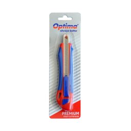 Accesorii birotica Cutter premium Optima, lama 9mm + 2 rezerve SK5, auto-incarcare, sina metalica, ABS cu rubber grip
