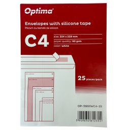 Plic C4 (324x229mm), cu burduf 30mm, lipire siliconica, 25 buc/set, Optima - alb